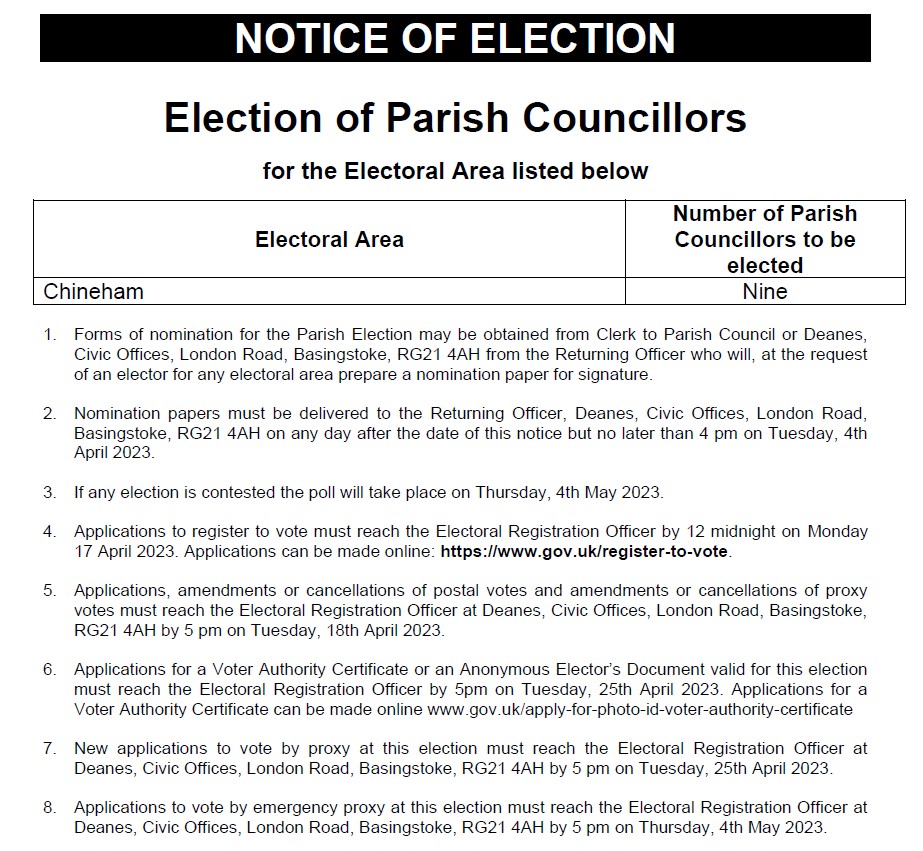 Notice of Election Chineham Parish Council Chineham Parish Council